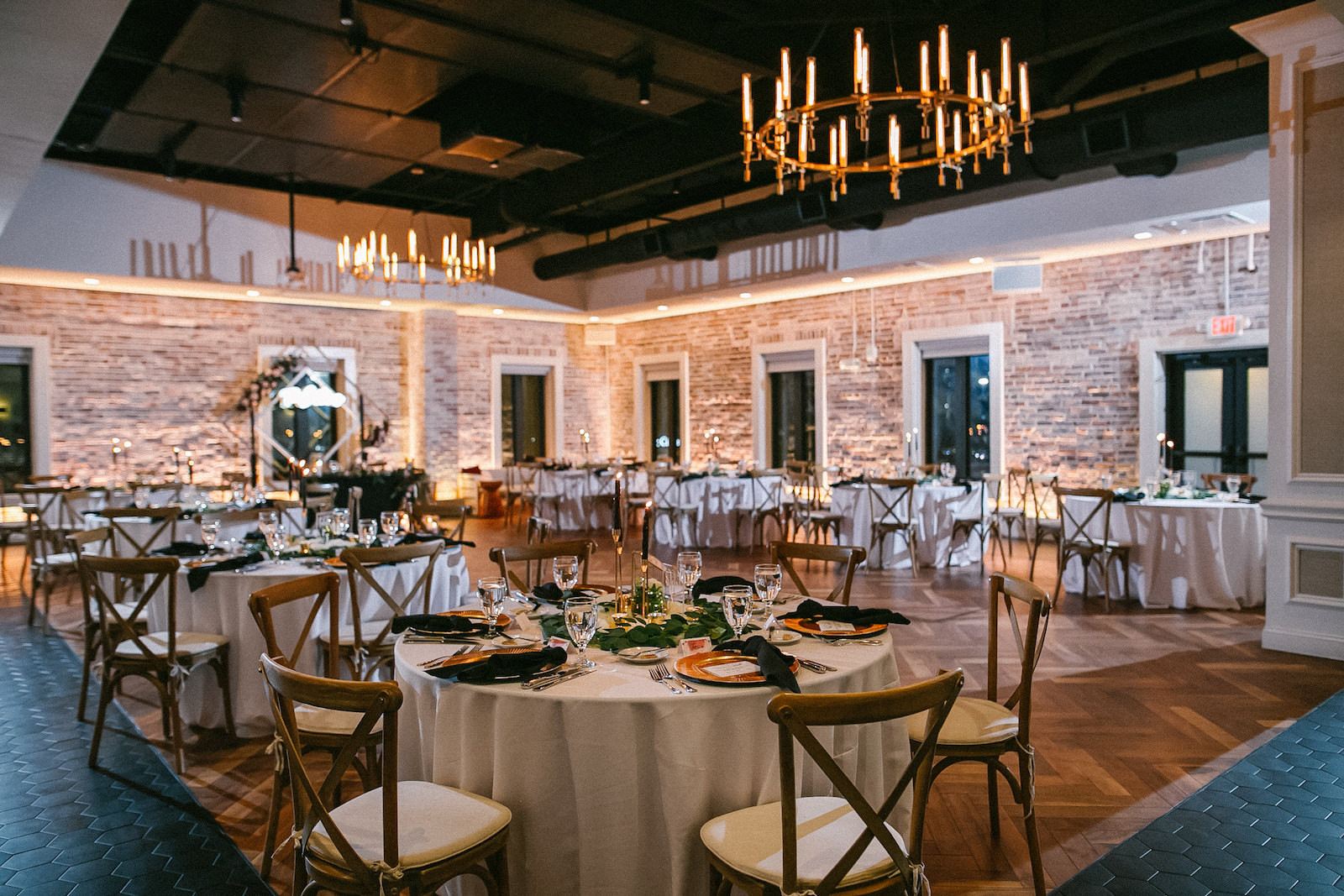 Industrial Indoor Wedding Reception White Linens and Crossback Chairs | Red Mesa St. Petersburg Florida Wedding Venue