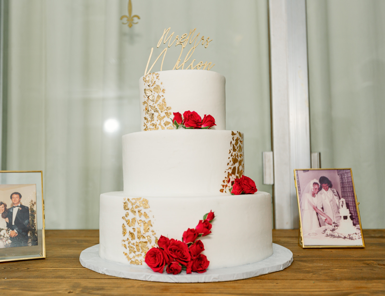 Fairytale Private Residence Wedding, Three Tier White with Gold Foil Wedding Cake and Red Roses Decor | Tampa Bay Wedding Photographer Dewitt for Love Photography | Wedding Florist Lemon Drops