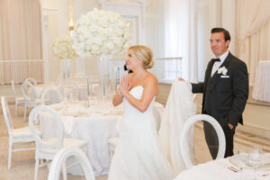 Timeless Classic Wedding, Bride and Groom First Look of Wedding Reception Ballroom Decor