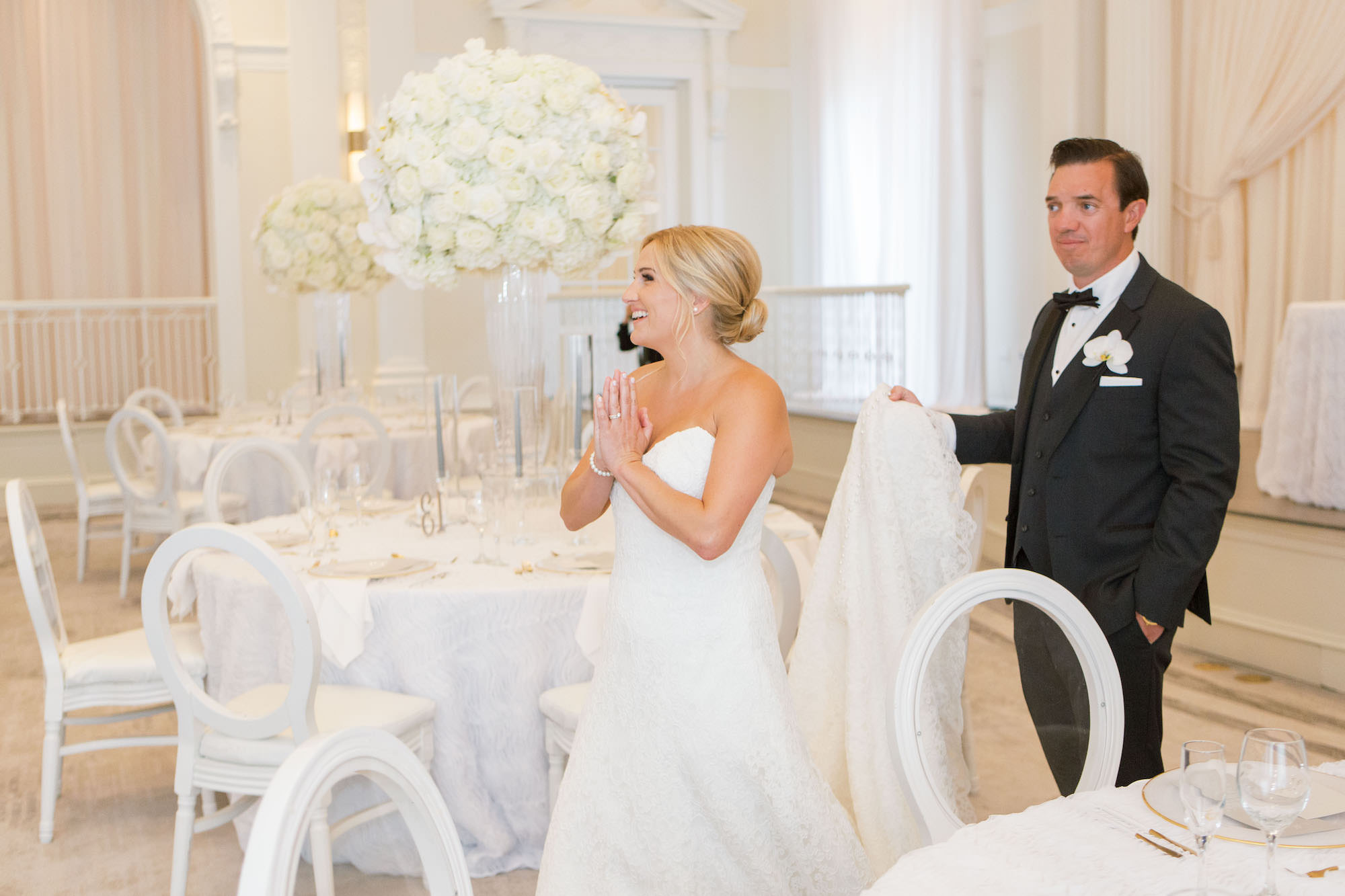 Timeless Classic Wedding, Bride and Groom First Look of Wedding Reception Ballroom Decor