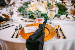 Black Napkin and Gold Charger Wedding Place Setting