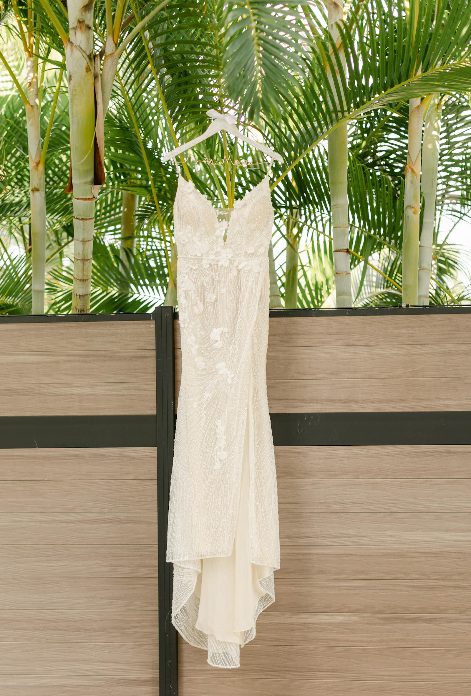 Tropical Modern Wedding, Lace Wedding Dress Hanging on Palm Trees