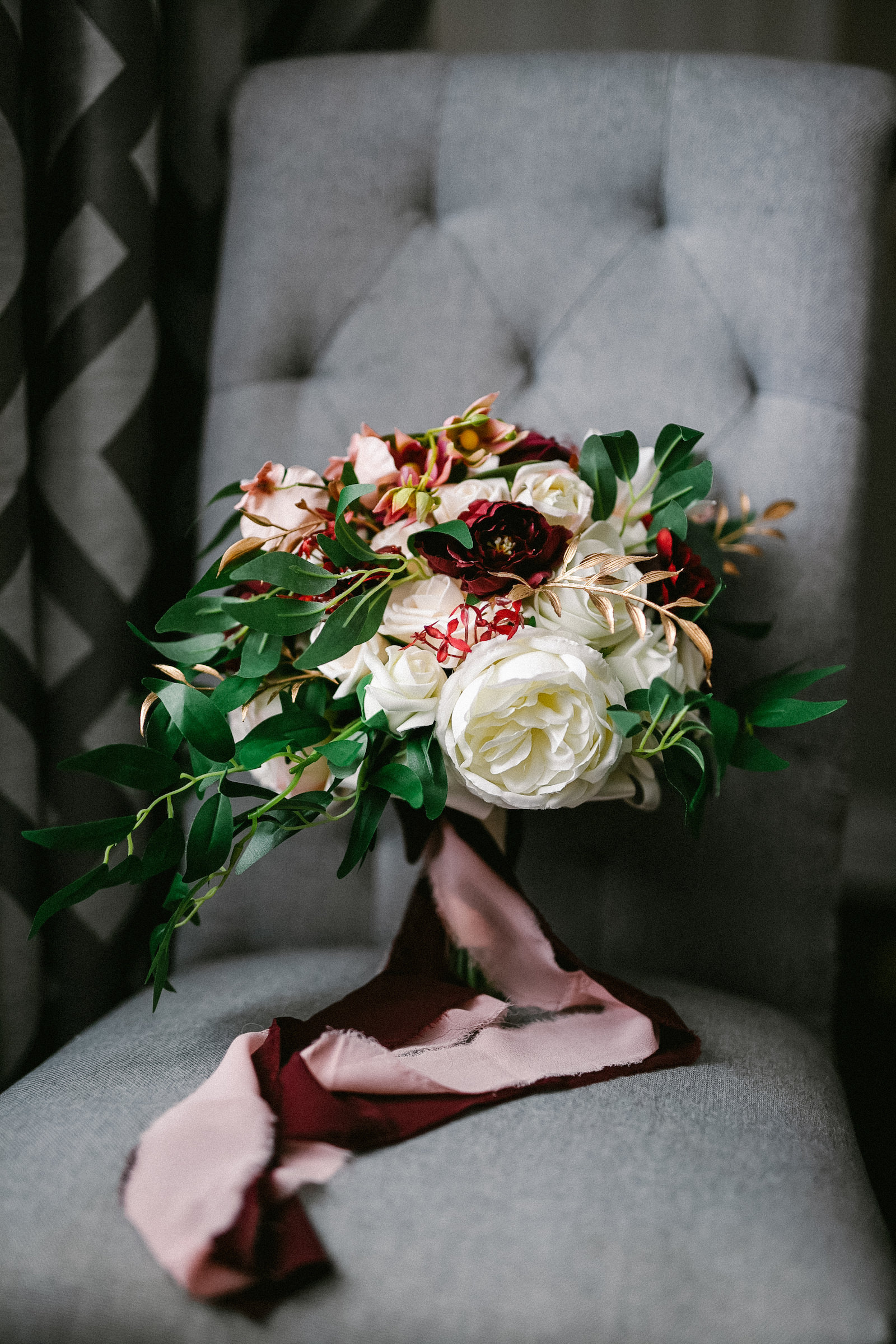 White and Burgundy Wedding Bouquet with Greenery