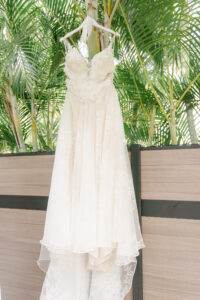 Tropical Modern Wedding, Lace A-Line Fitted Wedding Dress Hanging on Palm Trees