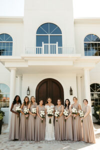 Bride with Bridesmaids in Taupe Floor Length Bridesmaids Dresses | Harborside Chapel in Safety Harbor Florida Wedding Ceremony
