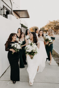 Black, Nude and White Bridal Party with White Floral Bouquets Wedding Portrait | St. Petersburg Wedding Florist Lemon Drops Weddings and Events | Tampa Wedding Hair and Makeup Artist Michele Renee the Studio