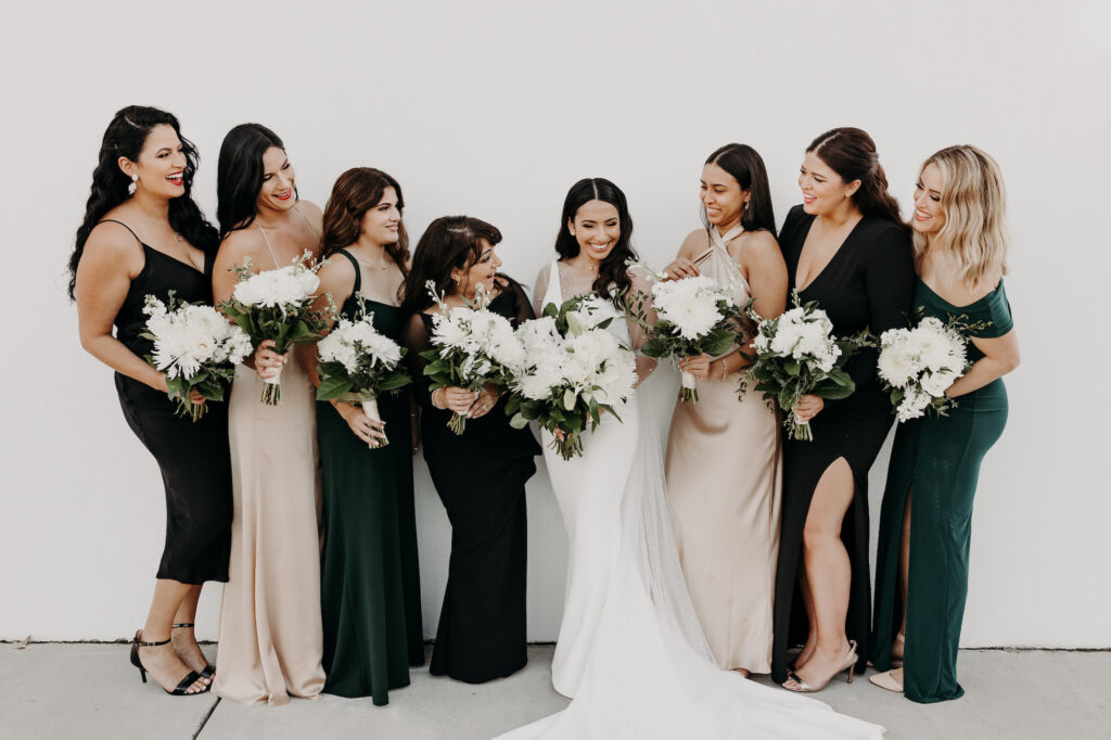 Black, Nude and White Bridal Party with White Floral Bouquets Wedding Portrait | St. Pete Wedding Florist Lemon Drops Weddings and Events | Wedding Hair and Makeup Artist Michele Renee the Studio
