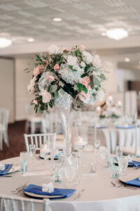 Tall Silver Floral Centerpiece with Blue and Pink Florals and Greenery
