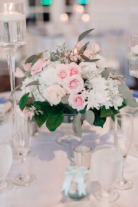Silver Floral Centerpiece with Blue and Pink Florals and Greenery