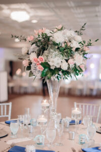 Tall Silver Floral Centerpiece with Blue and Pink Florals and Greenery