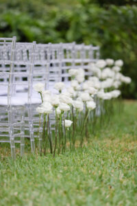 Modern Romantic Glam Wedding Ceremony Decor, Single White Roses Stems Lining Aisle, Acrylic Chiavari Chairs | Tampa Bay Wedding Photographer Lifelong Photography Studio | Wedding Rentals Gabro Event Services