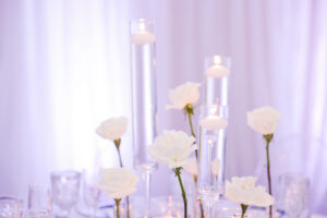 Modern Romantic Glam Wedding Reception Decor, Floating Candles, Single White Roses | Tampa Bay Wedding Photographer Lifelong Photography Studio