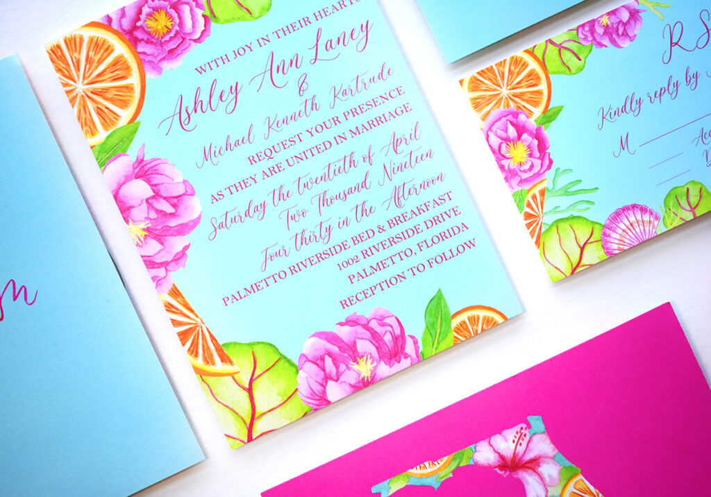Sadgebrush Designs Lilly Pulitzer Inspired Watercolor Wedding Invitation Suite