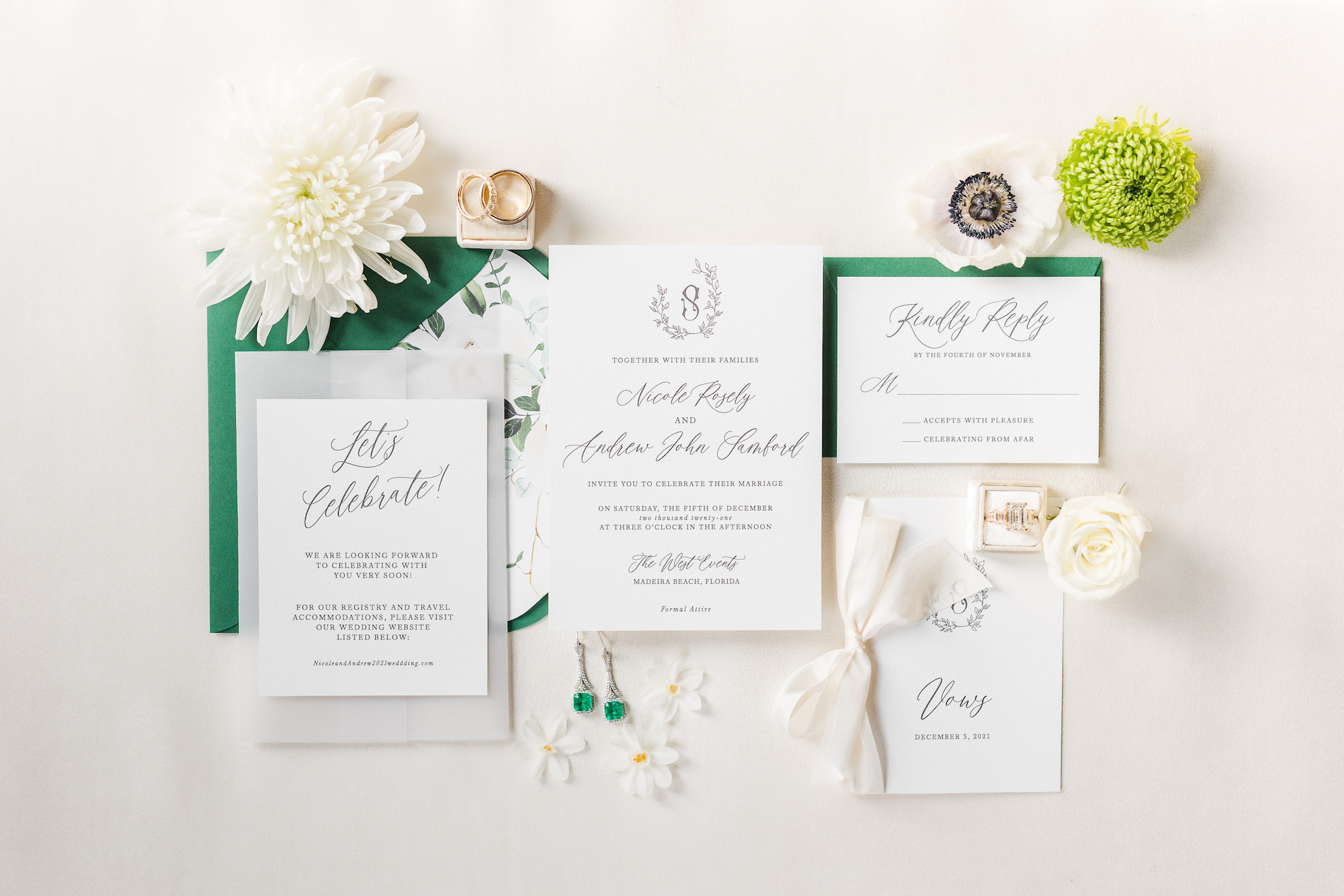 Winter Modern Whimsical Wedding, Emerald Green, Silver and White Wedding Invitation Suite