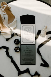 Black and White Classic and Elegant Wedding Invitation | White Open Toed Wedding Heels