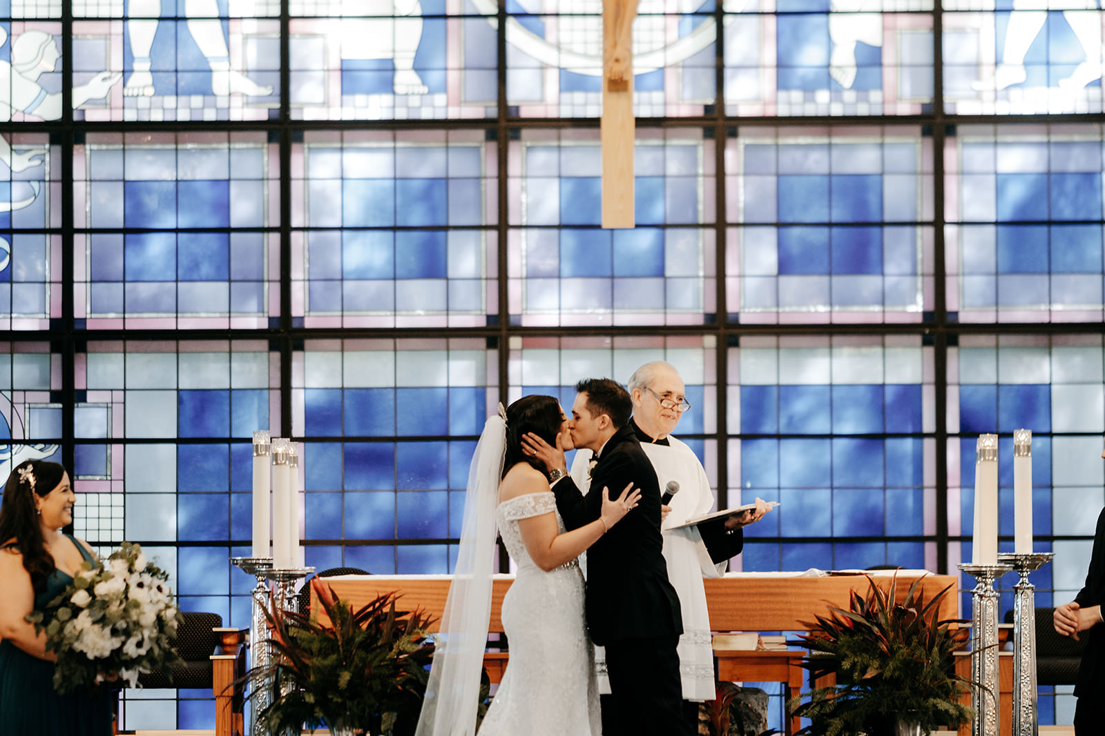 Bride and Groom Traditional Church Wedding Ceremony First Kiss Wedding Portrait
