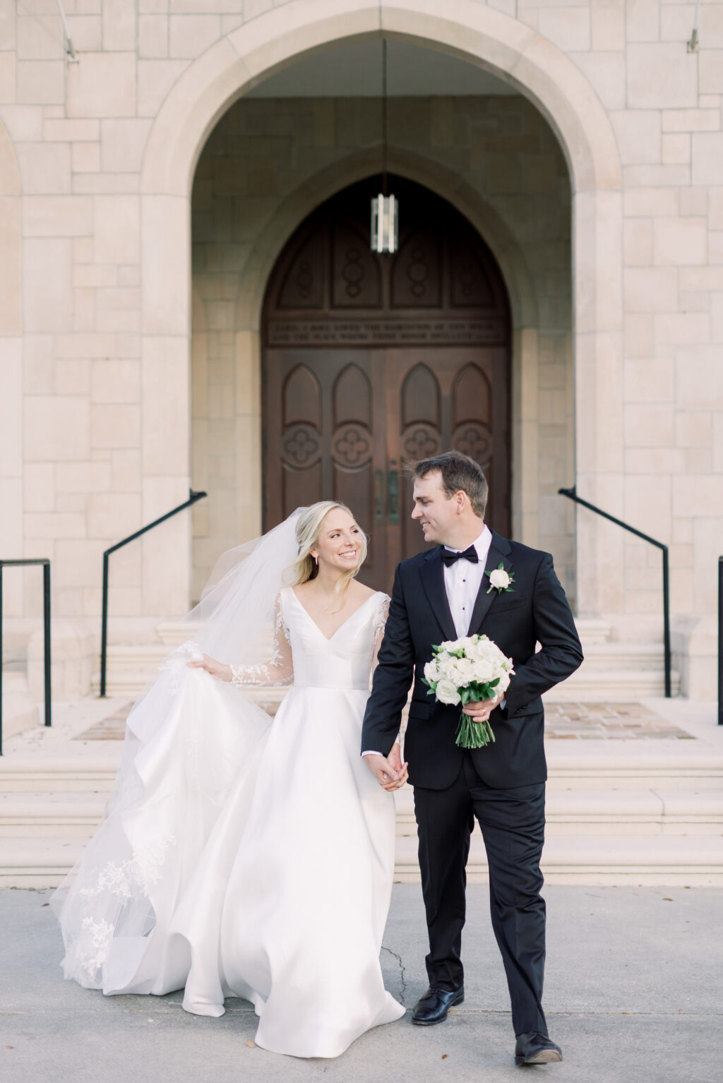 Vintage, Classic Southern Wedding, Bride and Groom Wedding Portrait Outside Clearwater Beach Traditional Church Wedding Venue Episcopal Church of Ascension