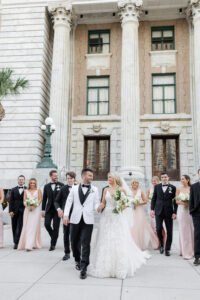 Modern Romantic Wedding Party, Bridesmaids Wearing Mix and Match Blush Pink Dresses Outside Steps of Le Meridien | Tampa Bay Wedding Attire Bella Bridesmaids