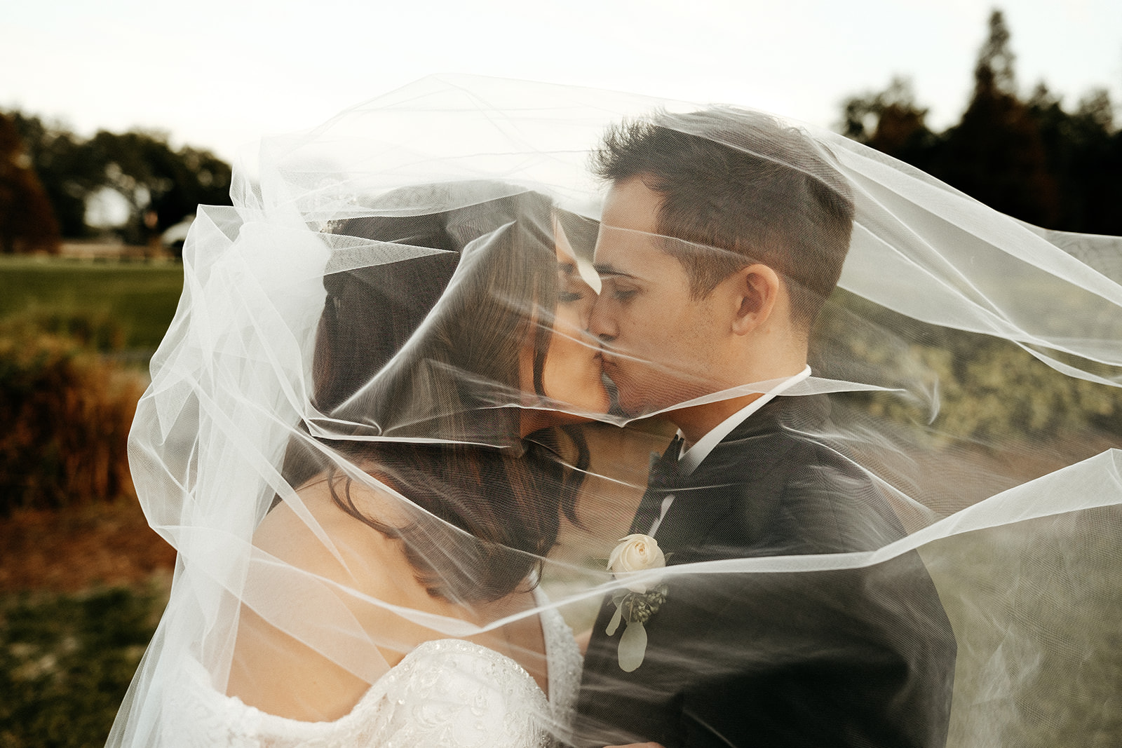 Bride and Groom Outdoor Veil Wedding Portraits