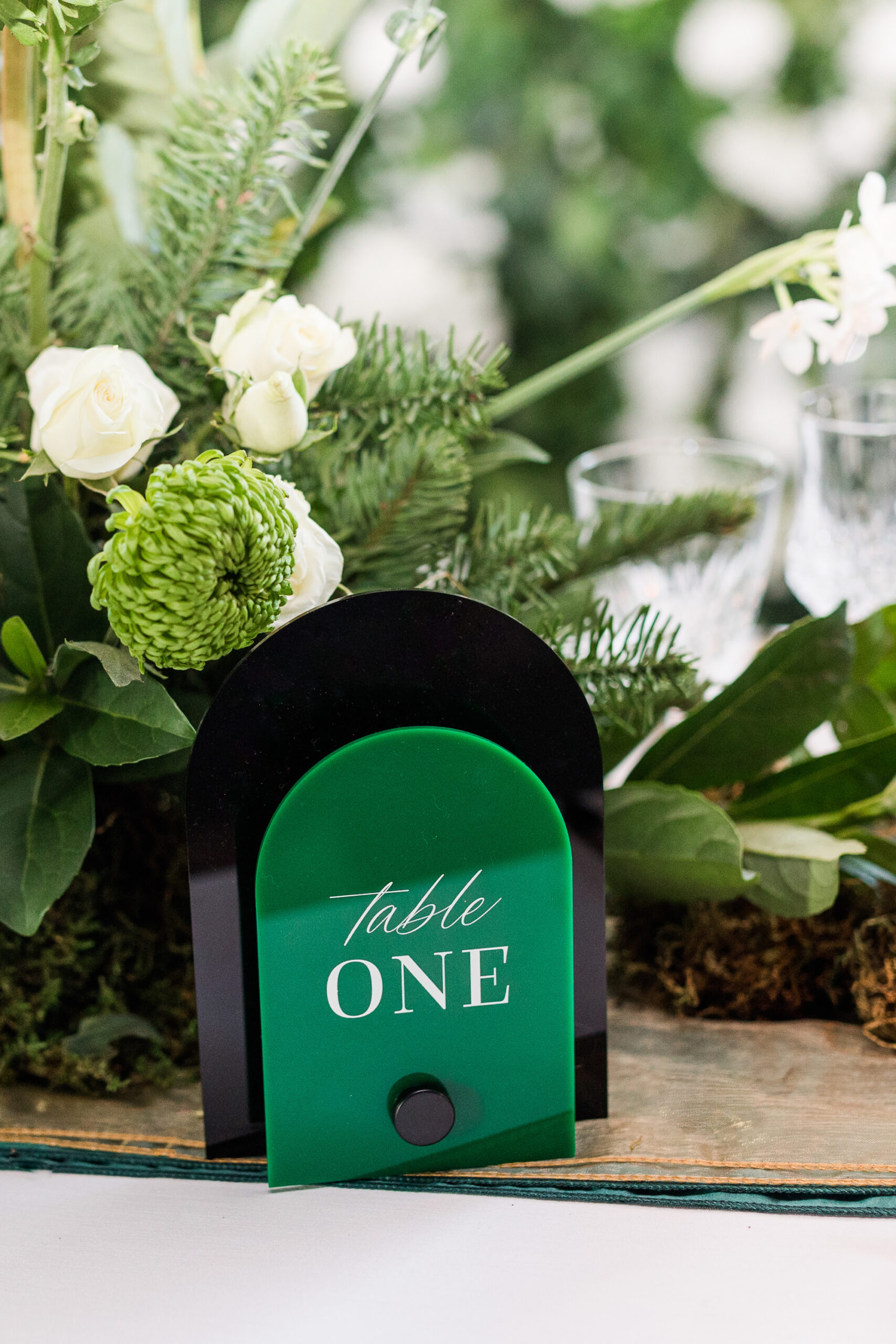 Winter Modern Whimsical Wedding Reception Styled Shoot Decor, Arched Acrylic Black and Emerald Table Numbers | Tampa Bay Wedding Planner MDP Events Planning