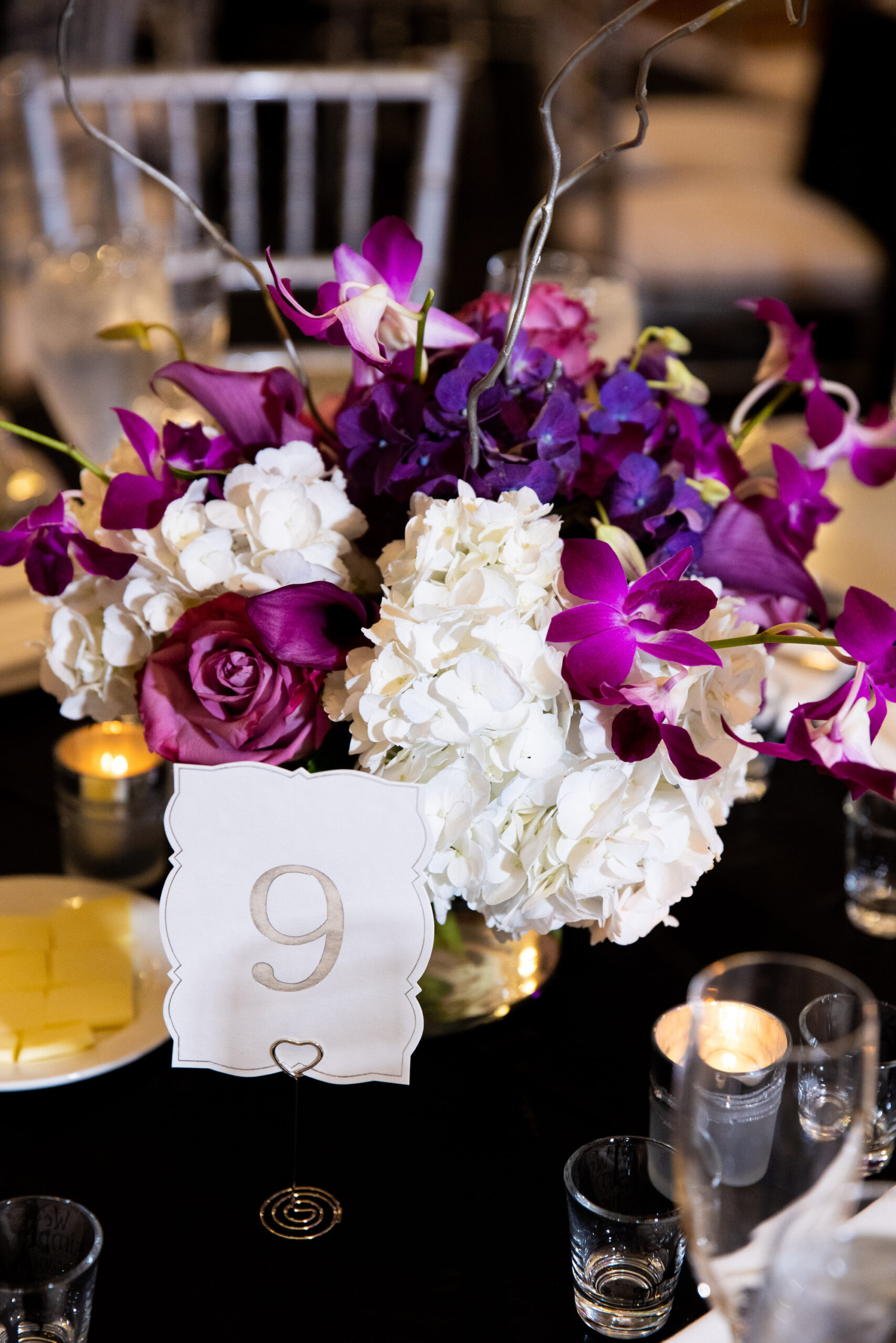 White Table Number with Sparkles and Purple and Cream Centerpieces | Wedding Planner Tampa Bay Special Moments Events
