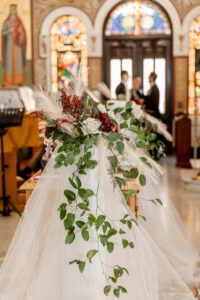 Fall Boho Greek Wedding Ceremony Decor, Tulle with Greenery, Pampas Grass, Ivory Roses, Burgundy Flower Arrangements
