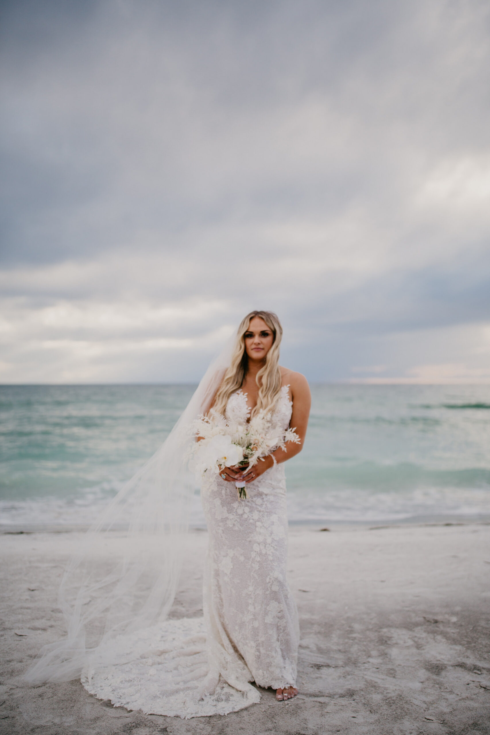 Ivory White Lace Backless Illusion Ines Di Santo Wedding Dress and Chapel Length Veil | Barefoot Beach Florida Bride