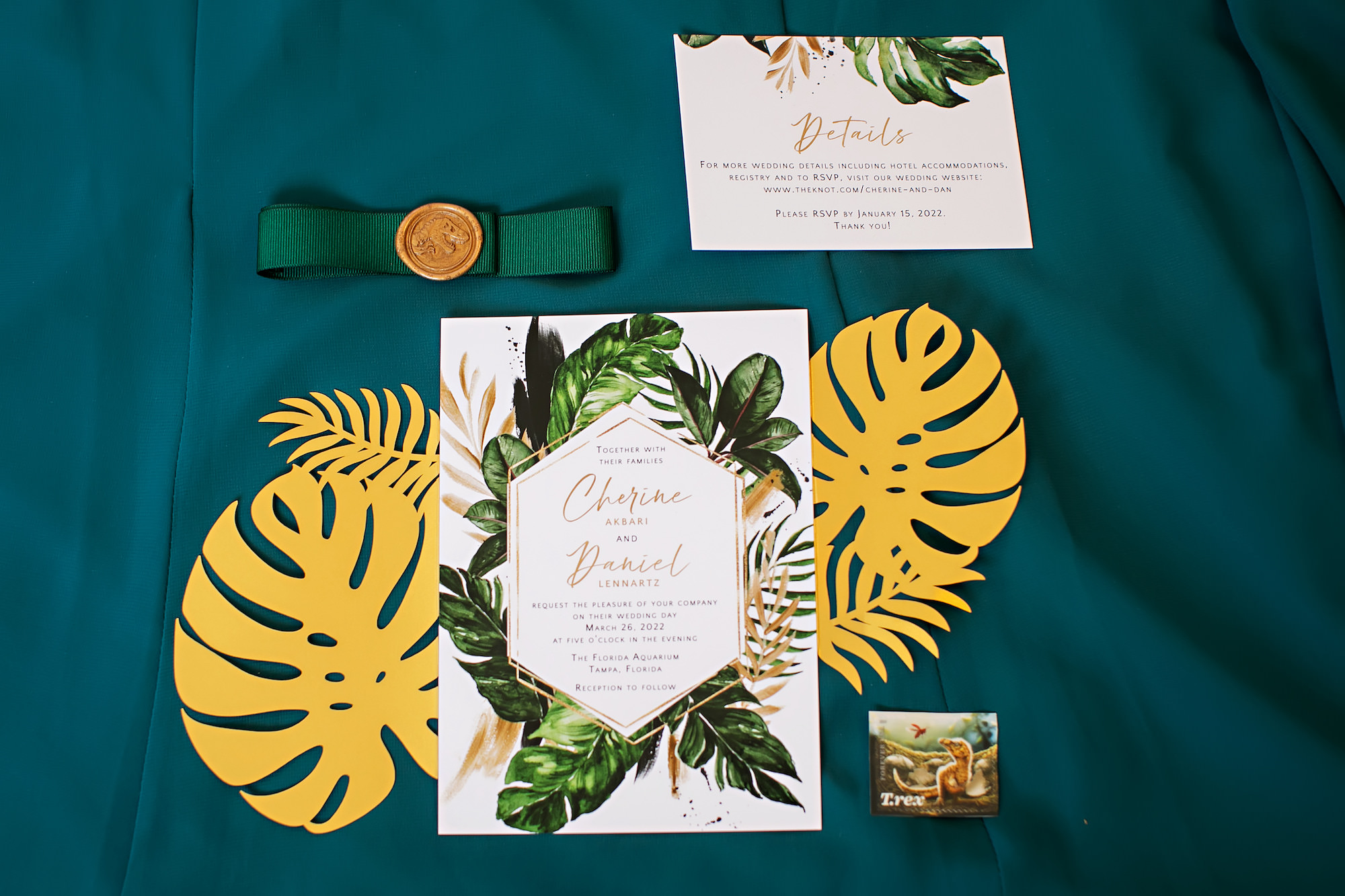 Tropical Inspired Wedding Invitations with Greenery, Gold Lettering and Gold Monster Leaves | Tampa Wedding Photographer Limelight Photography