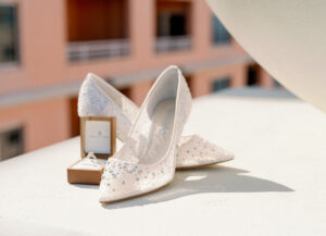 Sequin Sheer White Heeled WEdding Shoes | Engagement Ring in Gold Box | Clearwater Wedding Photographer Dewitt for Love