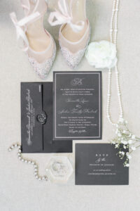 Modern Romantic Dark Gray, Slate Wedding Invitation Suite, Bridal Accessories, Pointed Toe Rhinestone and Illusion Wedding Shoes