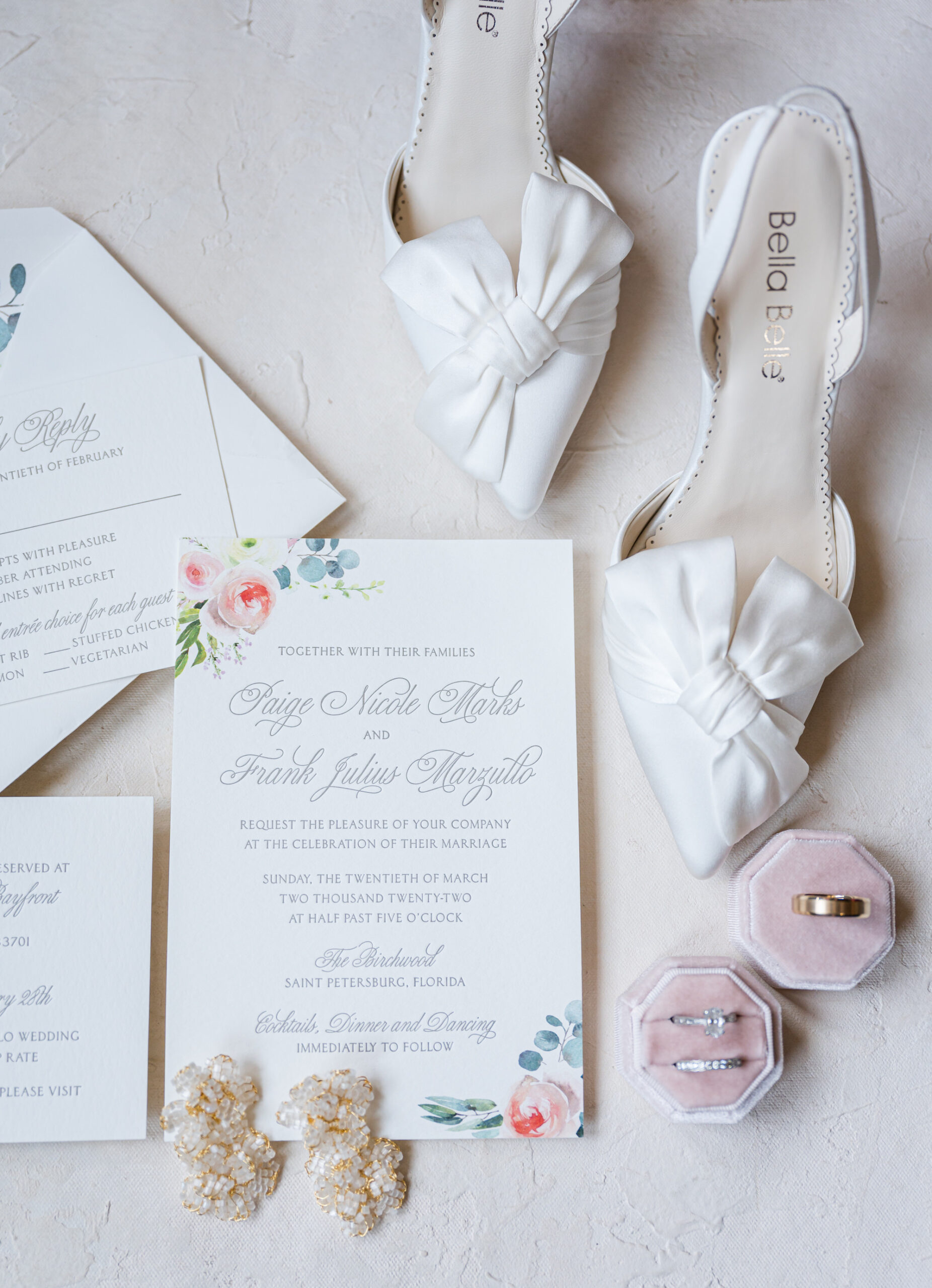 Bow Detailed Pointed Tow Satin Wedding Shoe with Floral Inspired Wedding Invitation | Engagement Ring and Wedding Bands in a Blush Velvet Box