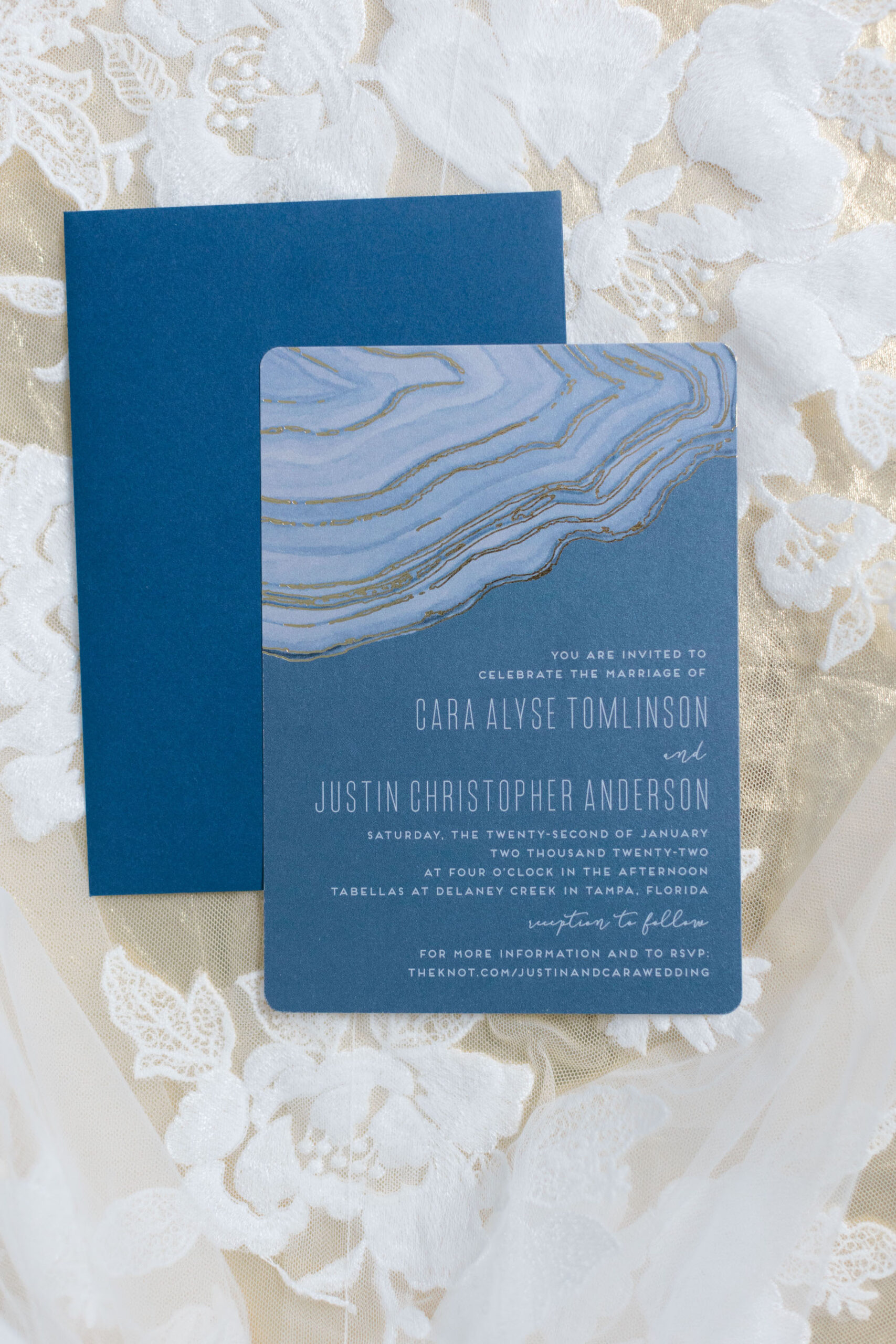 Blue Artsy Wedding Invitations with White Lettering