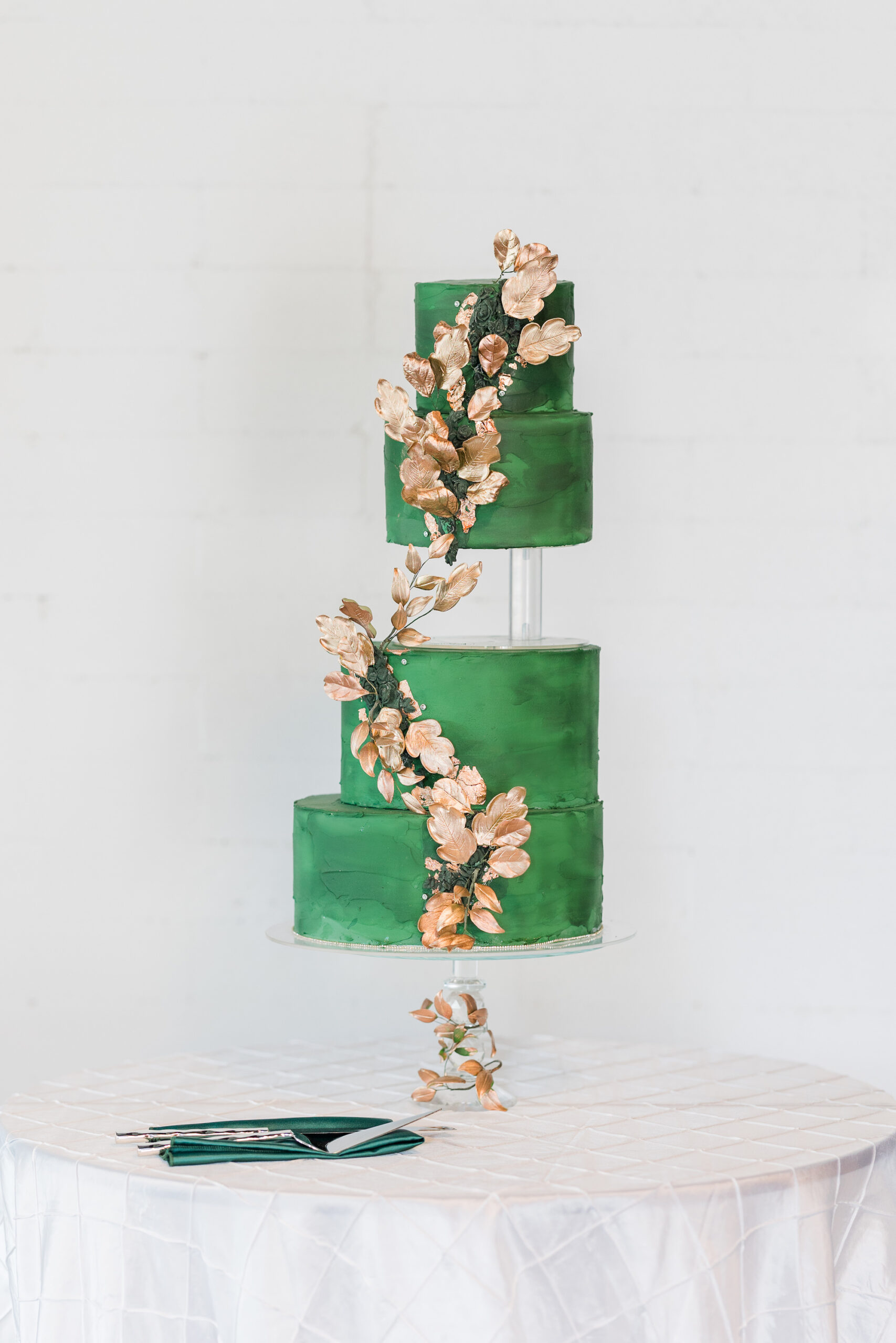 Four Tier Emerald Floating Two Tier Wedding Cake, Copper Cascading Sugar Flowers