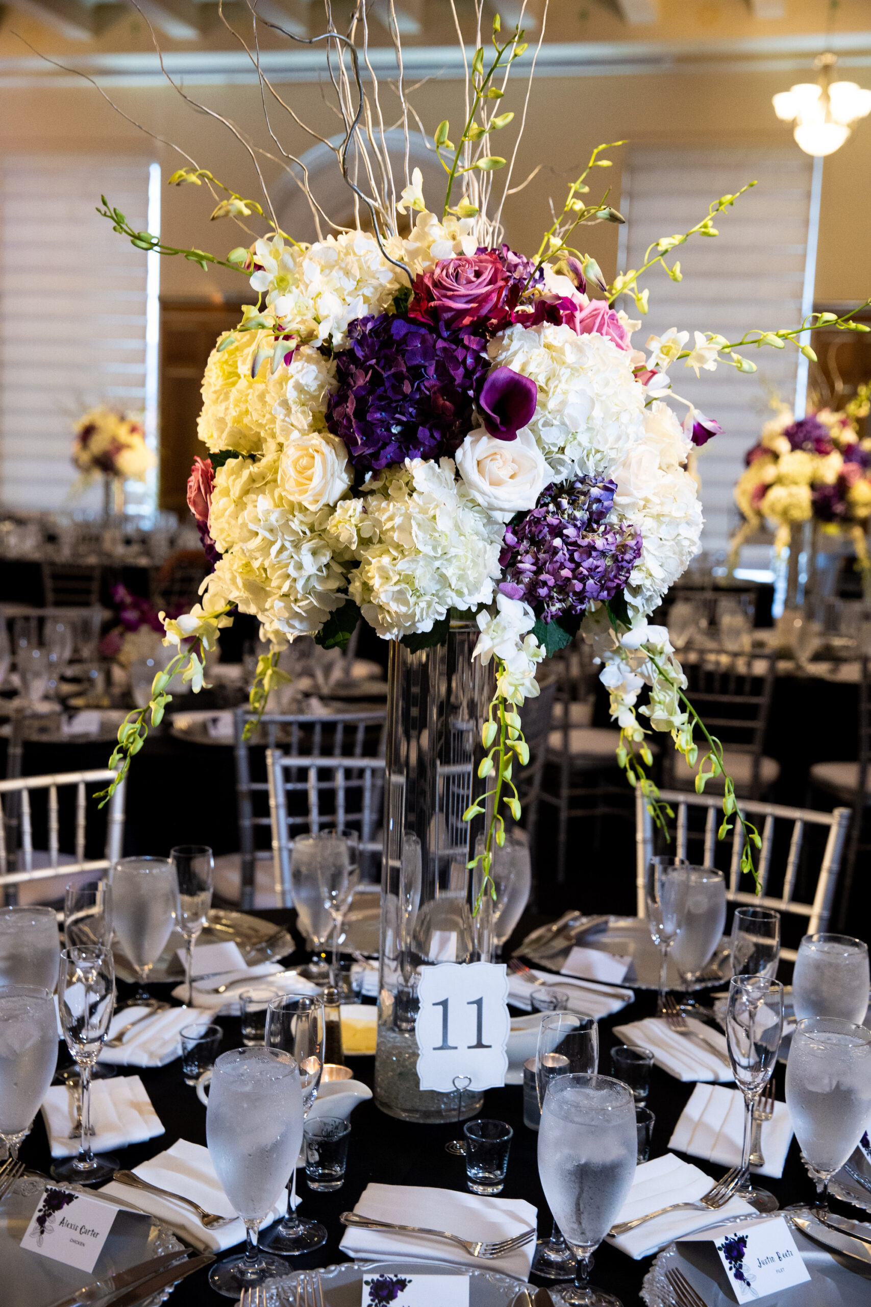 White Table Number and Tall Purple and White Centerpieces | Fall Wedding Inspiration