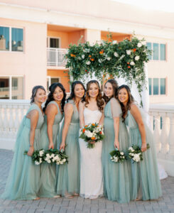 Bridesmaids in Teal Floor Length Bridesmaids Dresses and White with Greenery Bouquets Wedding Portrait | Tampa Photographer Dewitt for Love | Wedding Makeup Artist Femme Akoi