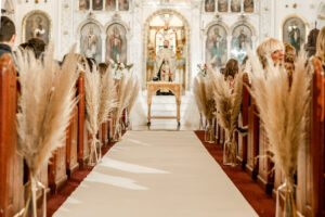 Fall Boho Traditional Greek Church Wedding Ceremony Pampas Grass Decor