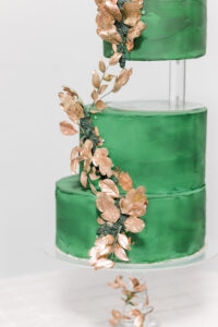Four Tier Emerald Floating Two Tier Wedding Cake, Copper Cascading Sugar Flowers