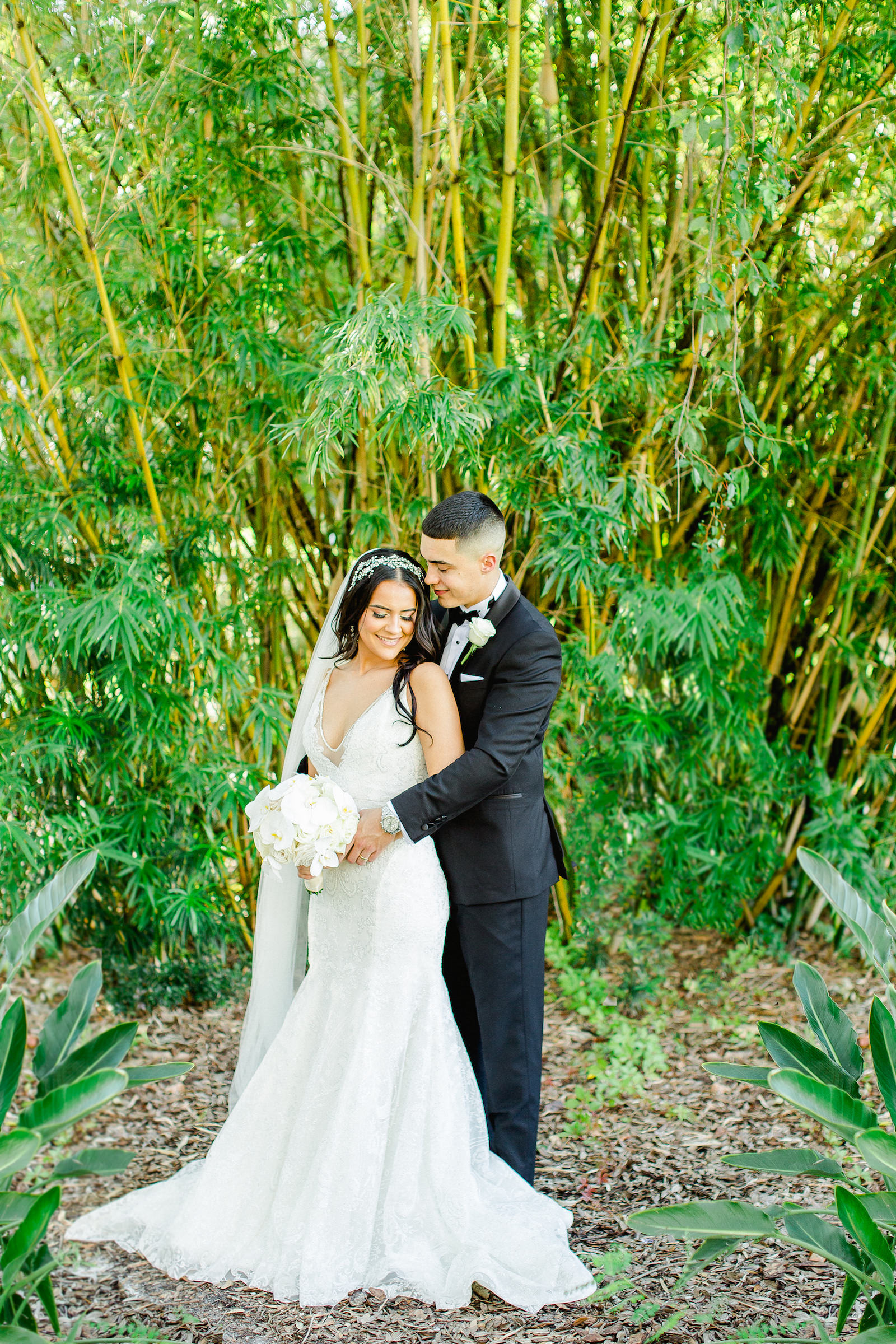 Romantic Bride and Groom Wedding Portrait in Bamboo Garden | Tampa Bay Wedding Hair and Makeup Femme Akoi Beauty Studio