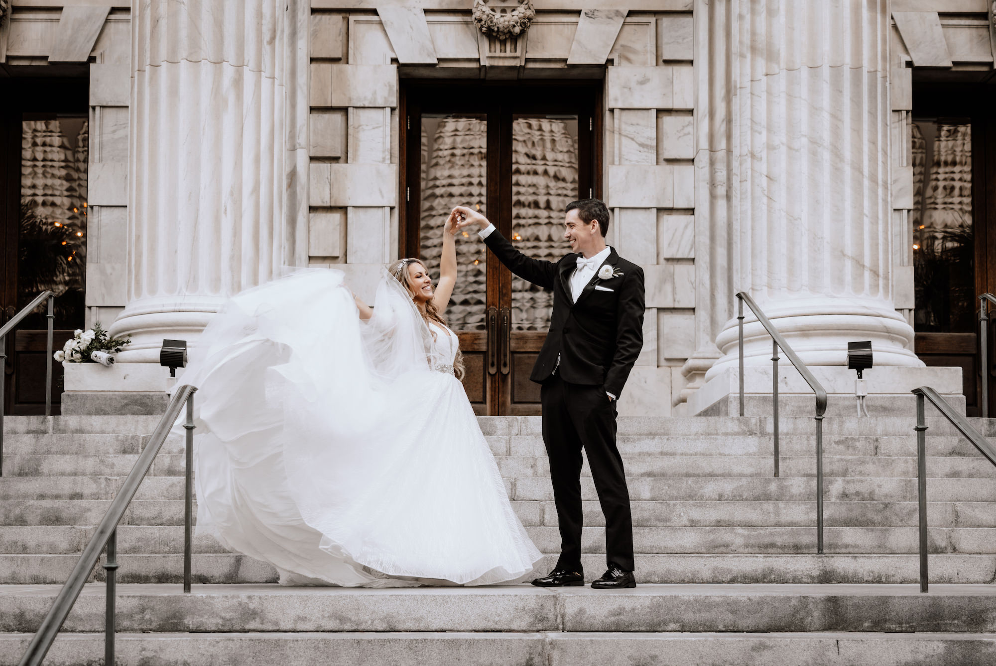 Winter Inspired Wedding, Bride and Groom Wedding Portrait on Staircase of Historic Wedding Venue Le Meridien | Tampa Bay Wedding Hair and Makeup Femme Akoi Beauty Studio