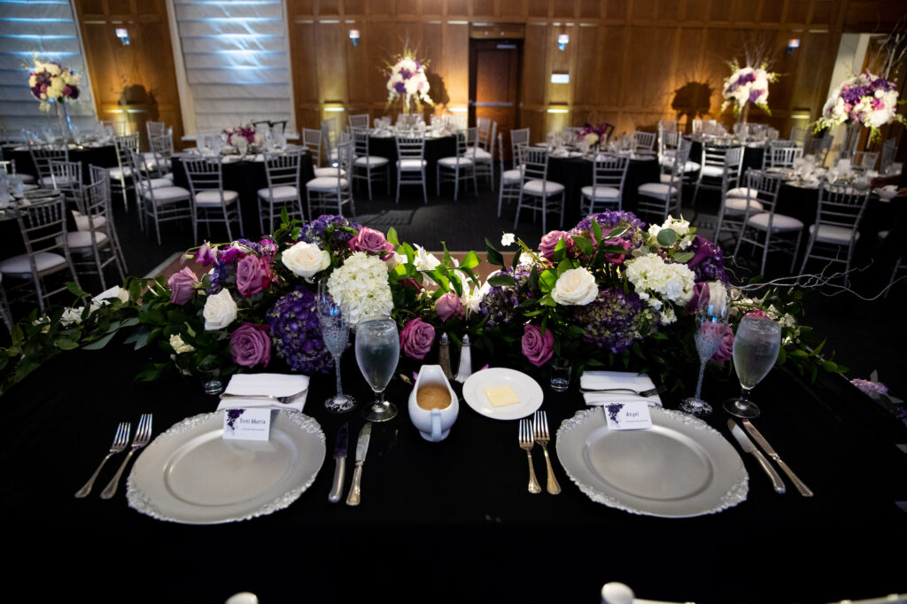 Black and Purple Wedding Sweetheart Tablescape with Silver Chargers and Silver Flatware | Tampa Bay Rentals Gabro Event Services