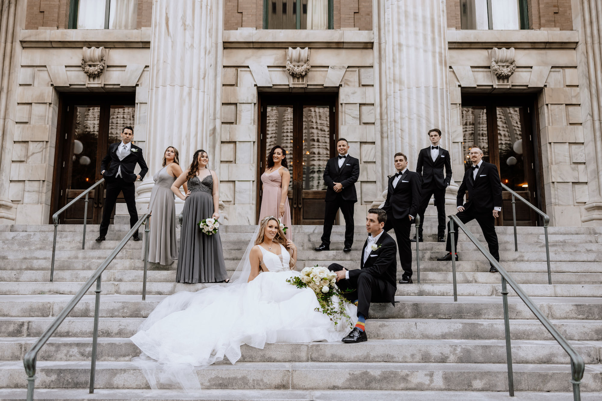 Winter Inspired Wedding, Bride and Groom Wedding Portrait on Staircase of Historic Wedding Venue Le Meridien and Wedding Party | Tampa Bay Wedding Hair and Makeup Femme Akoi Beauty Studio