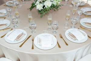 Modern Romantic Wedding Reception Decor, Champagne Table Linen, Gold Flatware