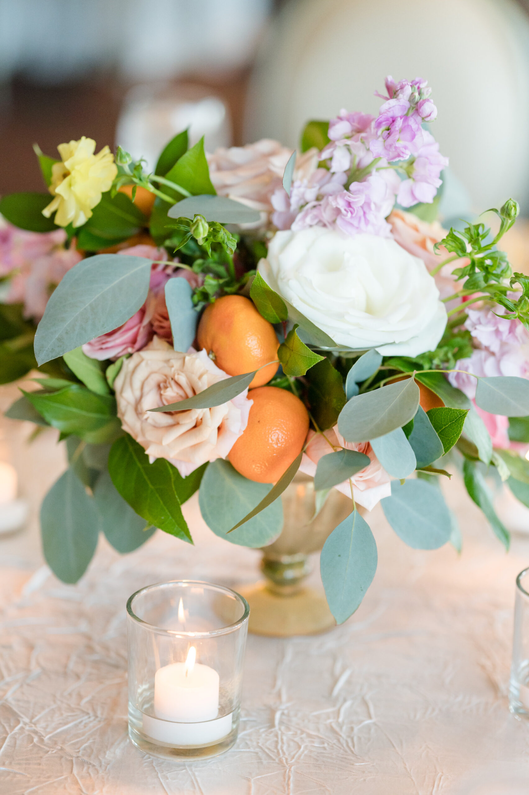 Florida Inspired Peach, Orange, Pink Florals with Greenery Wedding Centerpieces