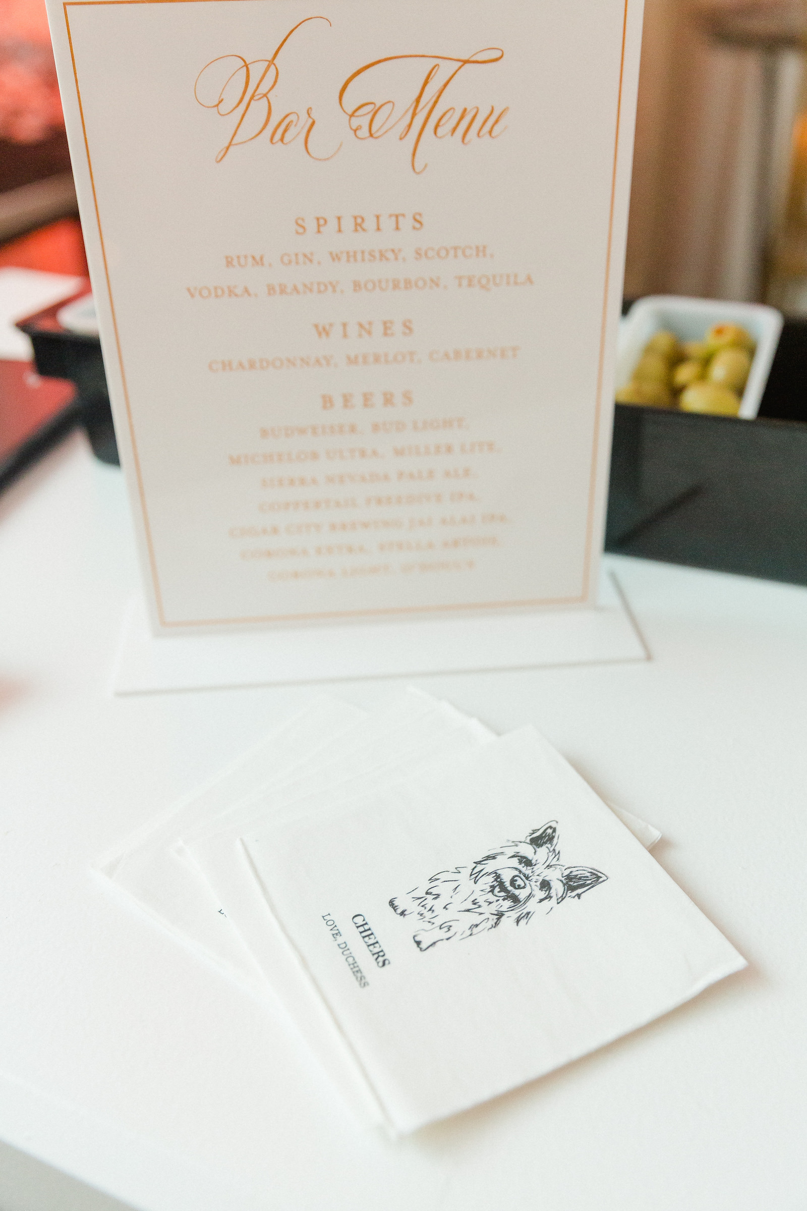 Romantic Wedding Reception Decor, Custom Dog Printed Napkins, Gold Foil and White Bar Menu