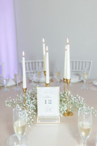 Modern Romantic Wedding Reception Decor, Gold Candlesticks, Babys Breathe Floral Centerpiece