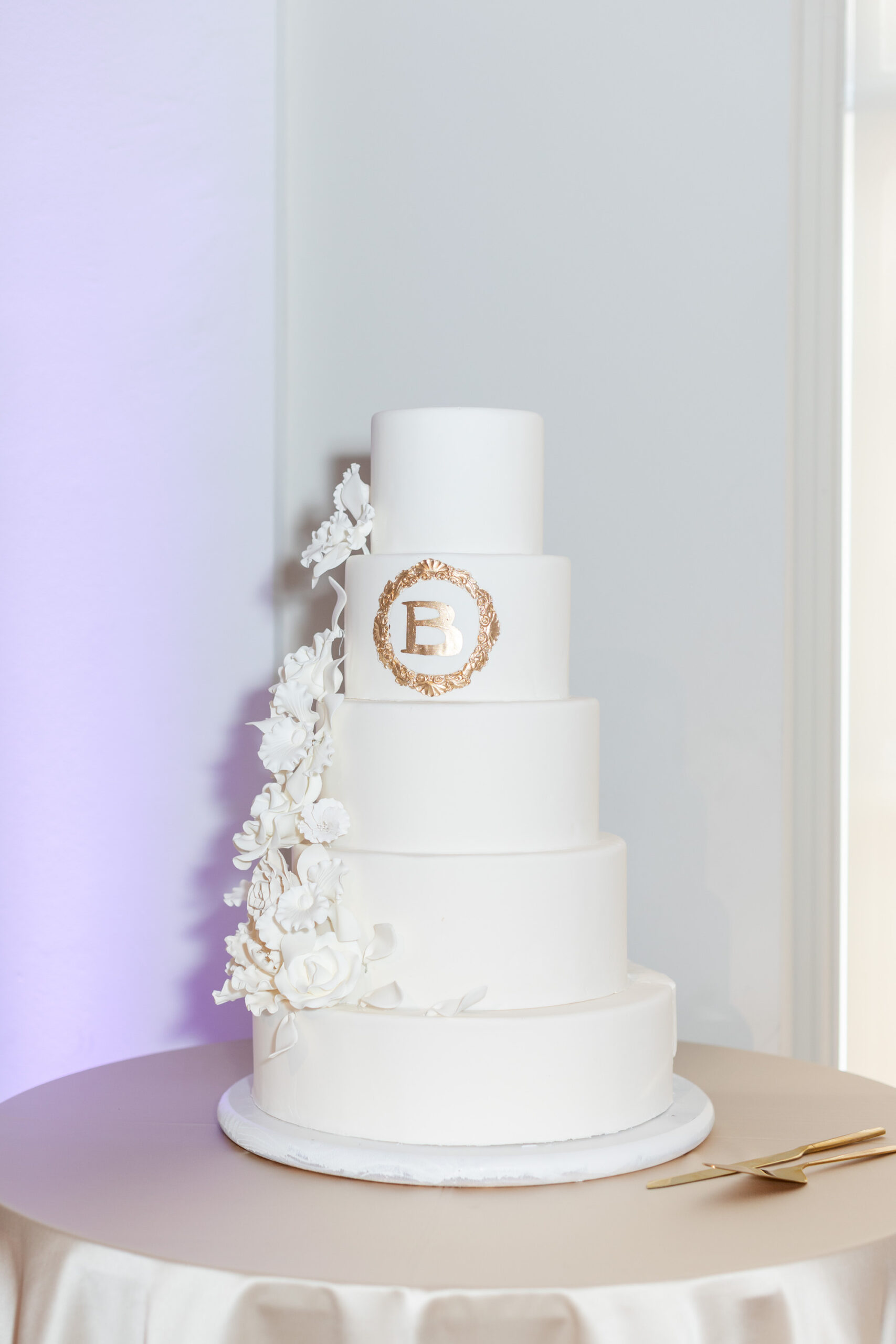 Modern Romantic Wedding Reception Decor, Five Tier White Wedding Cake, Rose Quartz Monogram, Cascading Sugar Flowers
