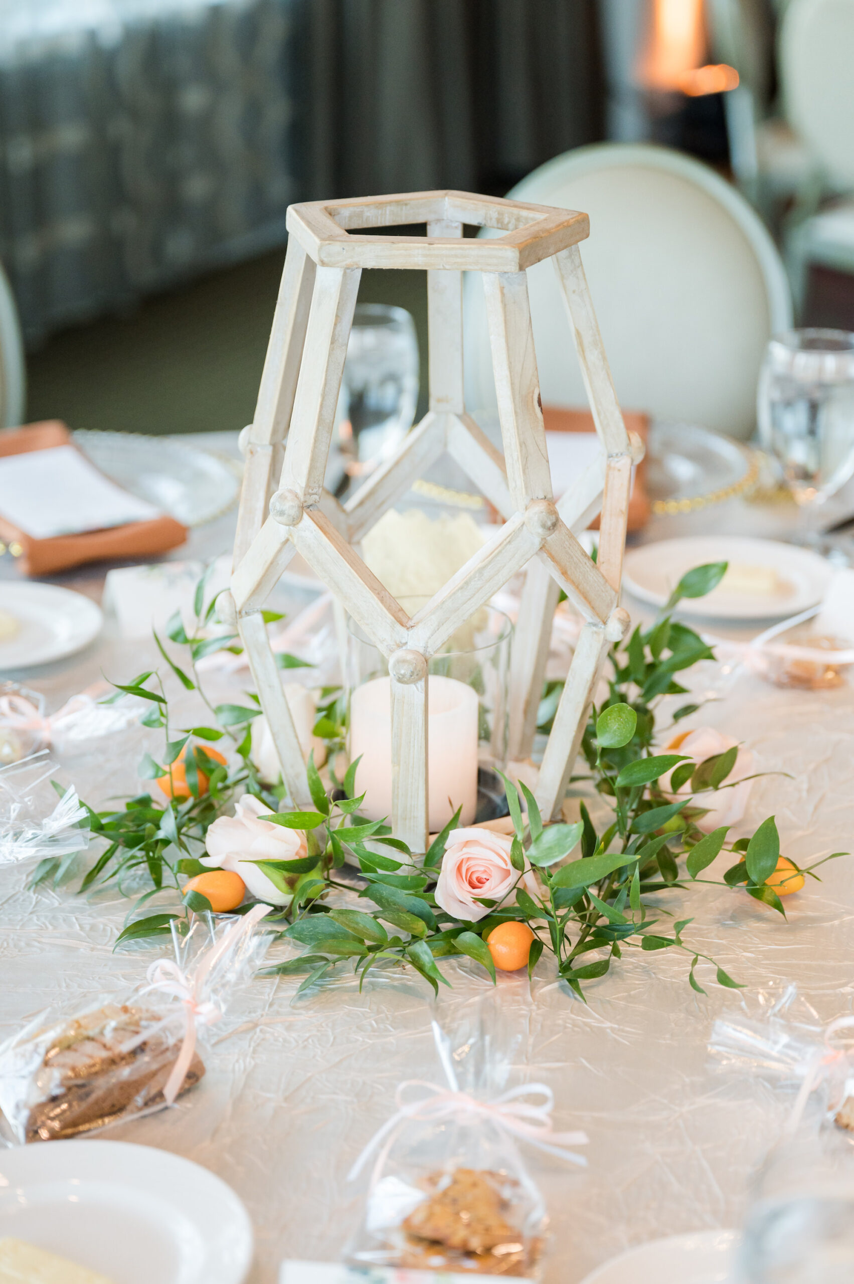 White Coastal Birchwood Candle Centerpieces with Peach, Orange, Pink Florals with Greenery Wedding Centerpieces