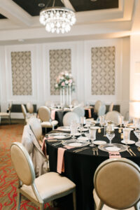 Elegant Black and Pink Ballroom Wedding Reception Decor Ideas with Silver Touches | Outside the Box Event Rentals