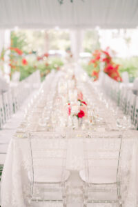 Vintage Southern Classic Wedding Reception Decor, Long Feasting Table with Floral White Linen, Clear Acrylic Chiavari Chairs | Tampa Bay Wedding Planner Parties A'la Carte | Wedding Rentals Gabro Event Services, Over the Top Rental Linens