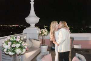 Elegant Blush Pink Same Sex Wedding, Brides Kissing on Rooftop Beach St. Pete Wedding Venue The Don CeSar